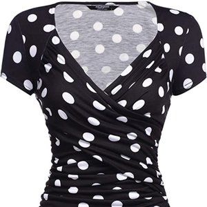 NWOT Black and White Polkadot Rockabilly Style Ladies V Neck Cap Sleeved Blouse